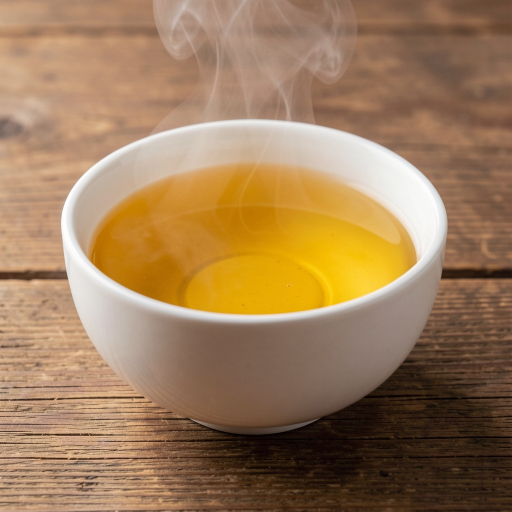 Bouillon clair doré dans un bol blanc sur surface en bois, vapeur légère visible, représentant les sources alimentaires de collagène naturel