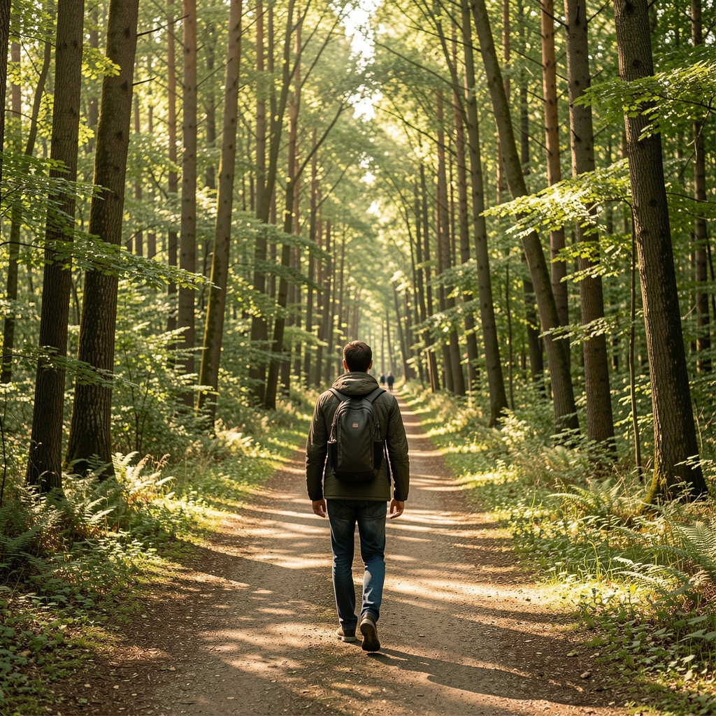 Promenade matinale en forêt, figure humaine de dos sur sentier entouré d'arbres, lumière matinale dorée traversant le feuillage