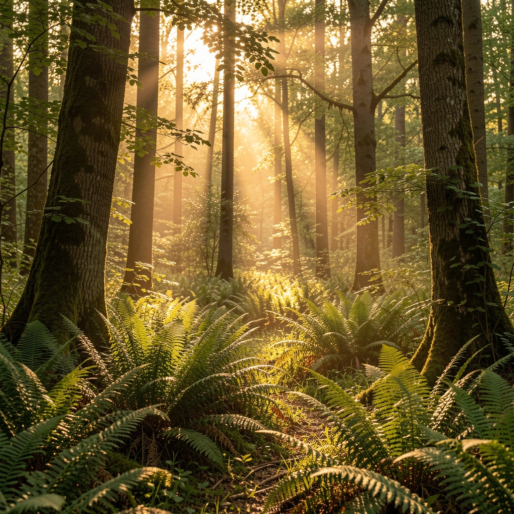 Fougères luxuriantes et lumière dorée filtrant à travers un sous-bois dense, atmosphère apaisante en forêt française au lever du soleil