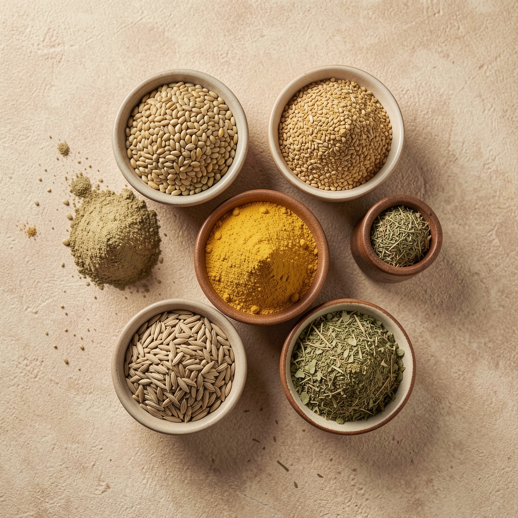 Assortiment de graines, poudres et herbes naturelles disposées dans de petits bols en céramique sur fond beige texturé, vue du dessus