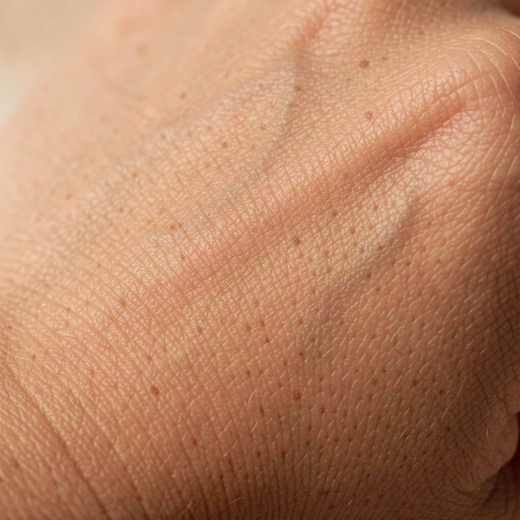 Surface de peau humaine en gros plan avec texture naturelle et lumière douce, rendu éditorial sobre sans produits visibles