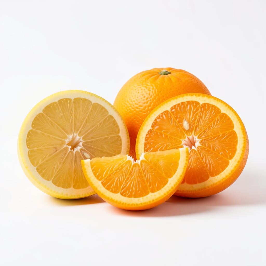 Citrons tranchés et oranges posés sur fond blanc épuré, représentant les sources naturelles de vitamine C, photographie editoriale